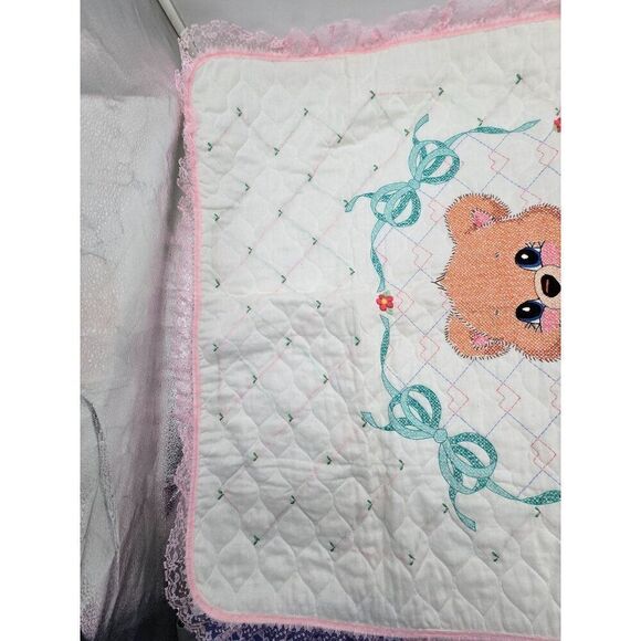 Handmade Embroidered Baby Quilt With Adorable Teddy Bear & Bunny Design - Picture 3 of 11
